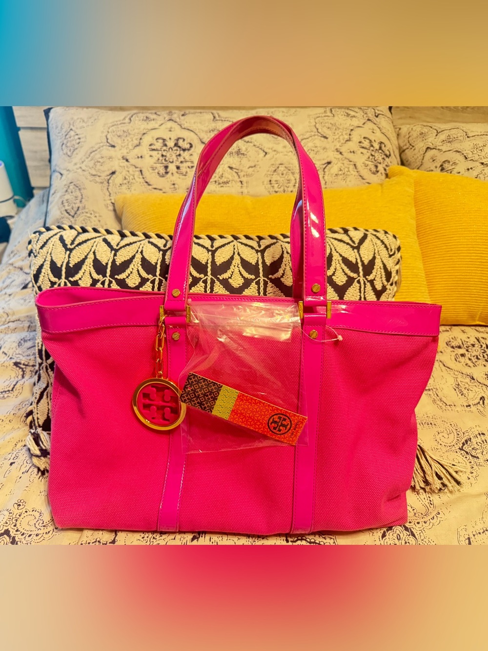 Tory Burch Hot Pink Tote Bag with Logo Charm